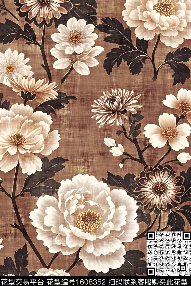 牡丹手绘花卉香云纱数码印花花型下载（图片编号: 1608352） - 瓦栏（Walan）