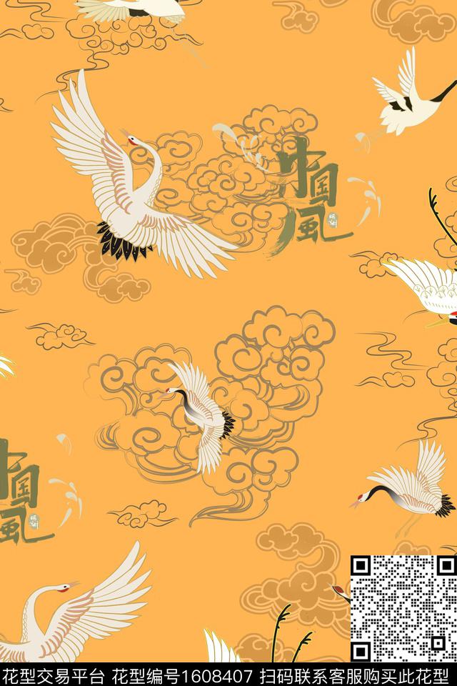 仙鹤文字中国风数码印花花型下载（图片编号: 1608407） - 瓦栏（Walan）