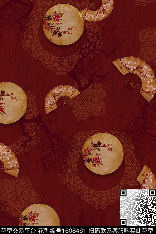 中国风花卉扇子数码印花花型下载（图片编号: 1608461） - 瓦栏（Walan）