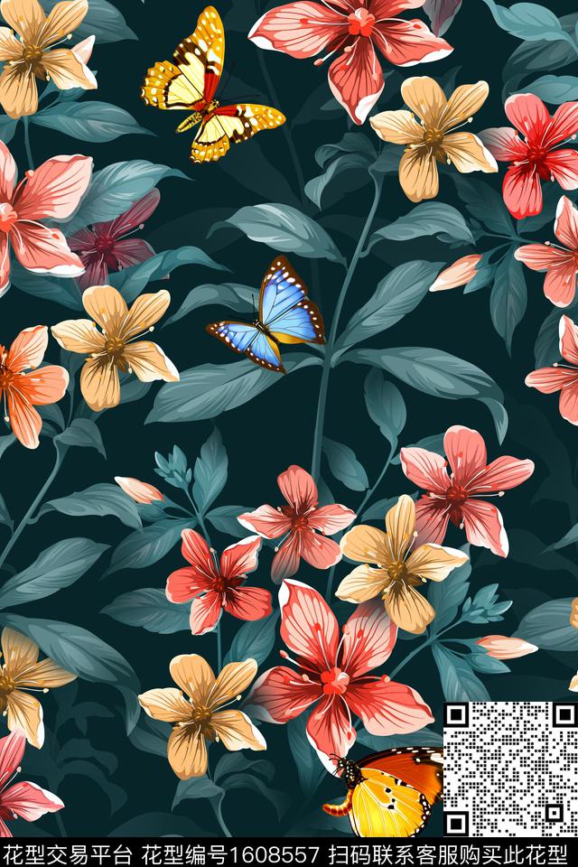 花卉蝴蝶深底花卉数码印花花型下载（图片编号: 1608557） - 瓦栏（Walan）