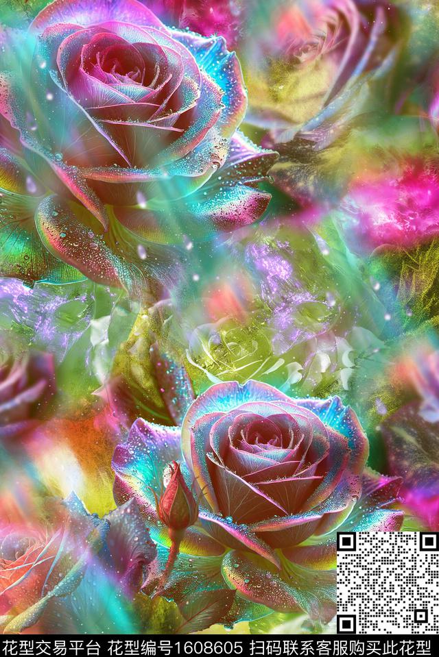 风格化花卉花卉玫瑰花数码印花花型下载（图片编号: 1608605） - 瓦栏（Walan）