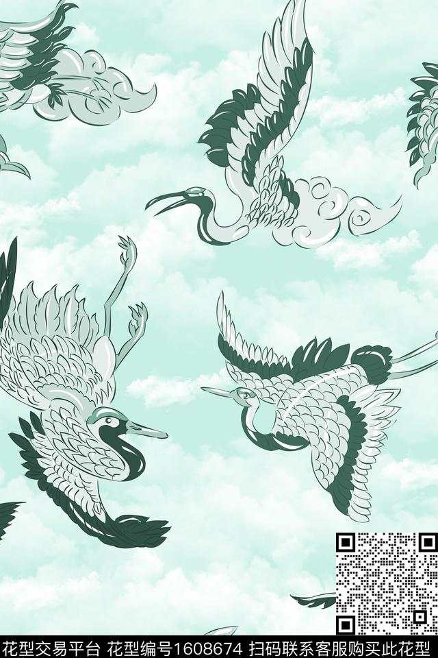 中国风仙鹤水墨风数码印花花型下载（图片编号: 1608674） - 瓦栏（Walan）