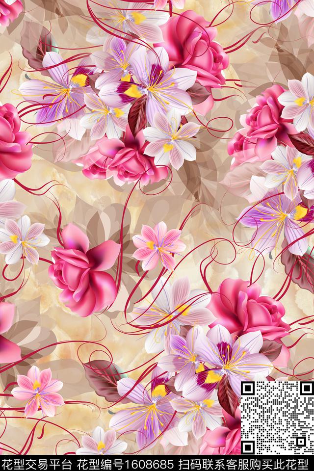 大花3D立体花卉数码印花花型下载（图片编号: 1608685） - 瓦栏（Walan）