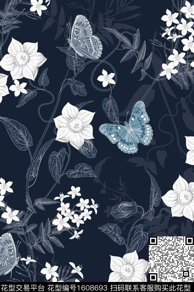 剪影花卉蝴蝶数码印花花型下载（图片编号: 1608693） - 瓦栏（Walan）
