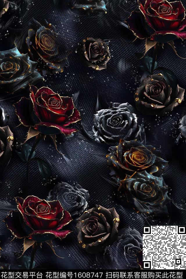 风格化花卉花卉玫瑰花数码印花花型下载（图片编号: 1608747） - 瓦栏（Walan）