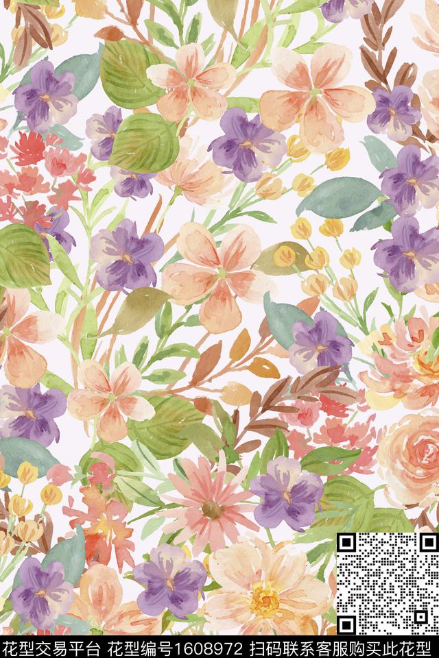 花卉水彩植物叶子数码印花花型下载（图片编号: 1608972） - 瓦栏（Walan）