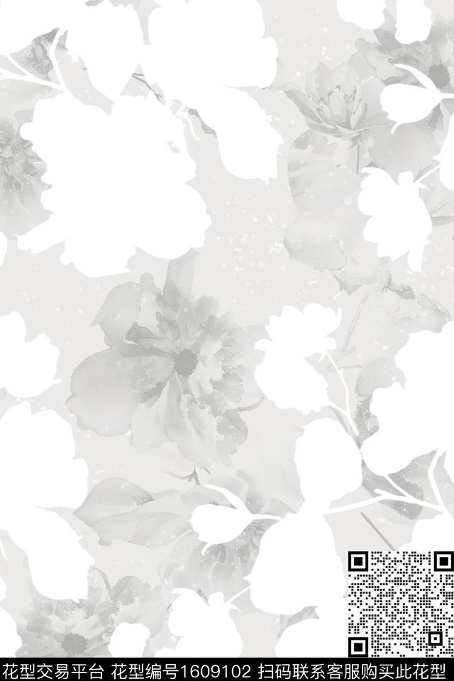 花卉黑白花卉剪影数码印花花型下载（图片编号: 1609102） - 瓦栏（Walan）