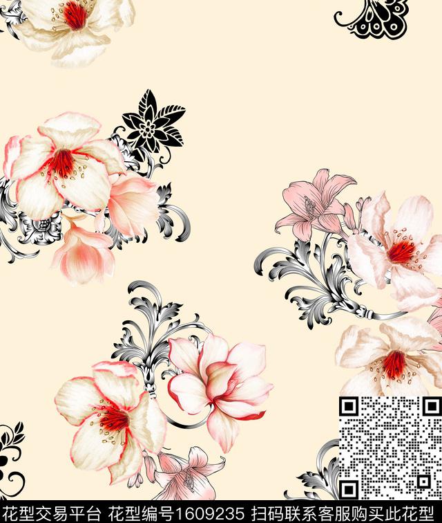 花卉水彩清爽底花卉数码印花花型下载（图片编号: 1609235） - 瓦栏（Walan）