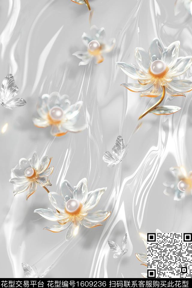 风格化花卉花卉蝴蝶数码印花花型下载（图片编号: 1609236） - 瓦栏（Walan）
