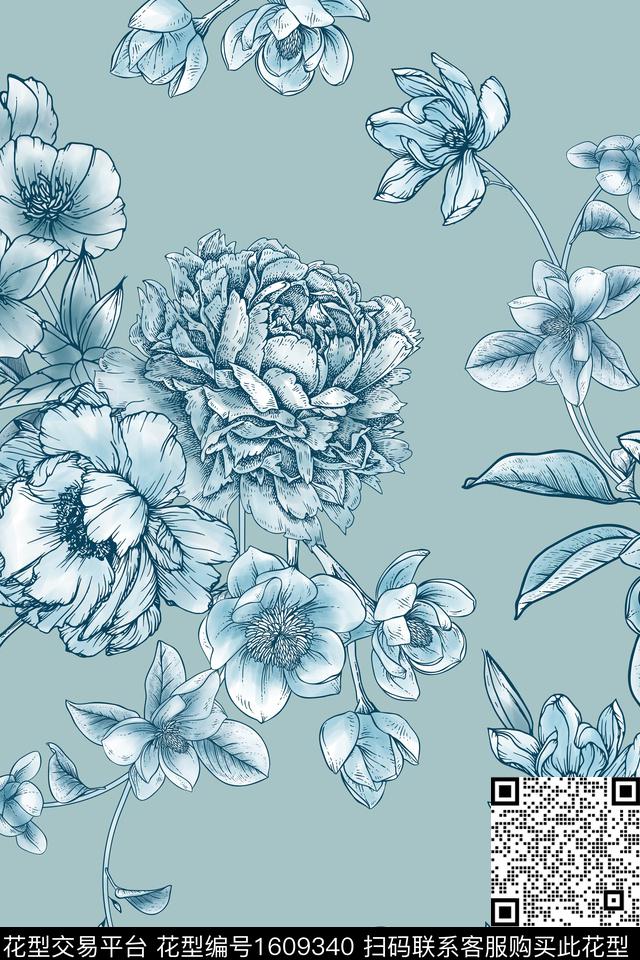 大花花卉传统花型传统印花花型下载（图片编号: 1609340） - 瓦栏（Walan）