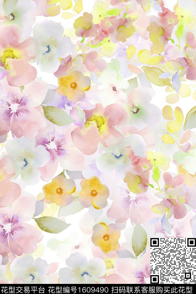 水彩花卉花卉满版散花数码印花花型下载（图片编号: 1609490） - 瓦栏（Walan）