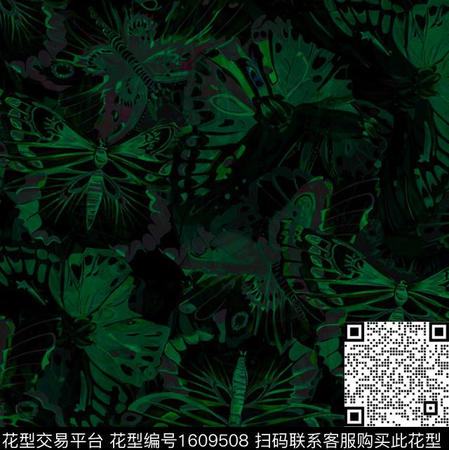 黑底蝴蝶抽象数码印花花型下载（图片编号: 1609508） - 瓦栏（Walan）
