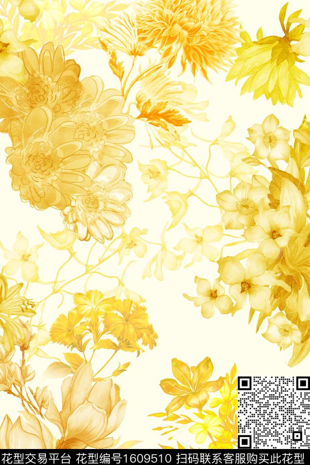 水彩花大花花卉数码印花花型下载（图片编号: 1609510） - 瓦栏（Walan）