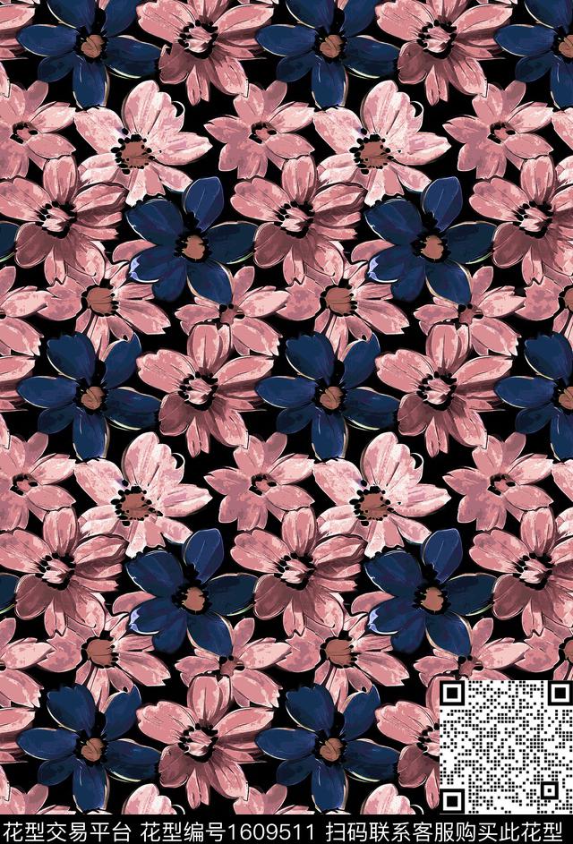 花卉黑底花卉满版散花数码印花花型下载（图片编号: 1609511） - 瓦栏（Walan）