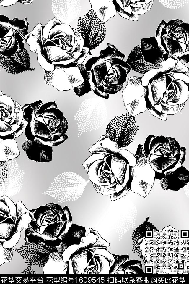 满版散花黑白花型数码花型数码印花花型下载（图片编号: 1609545） - 瓦栏（Walan）