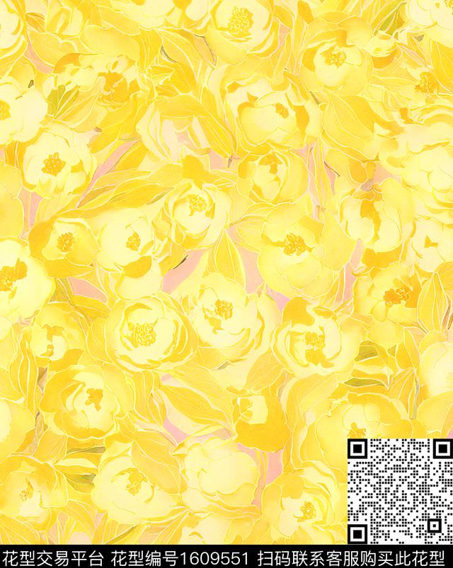 花卉水彩花卉黄花数码印花花型下载（图片编号: 1609551） - 瓦栏（Walan）