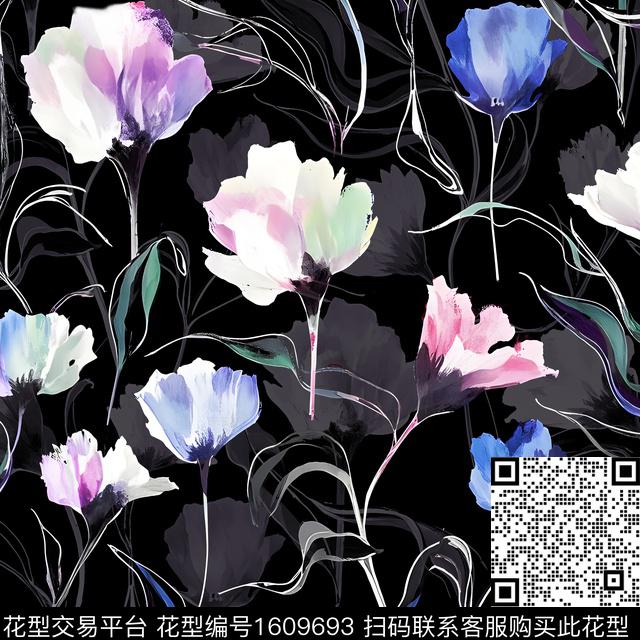 真丝花卉手绘花卉数码印花花型下载（图片编号: 1609693） - 瓦栏（Walan）