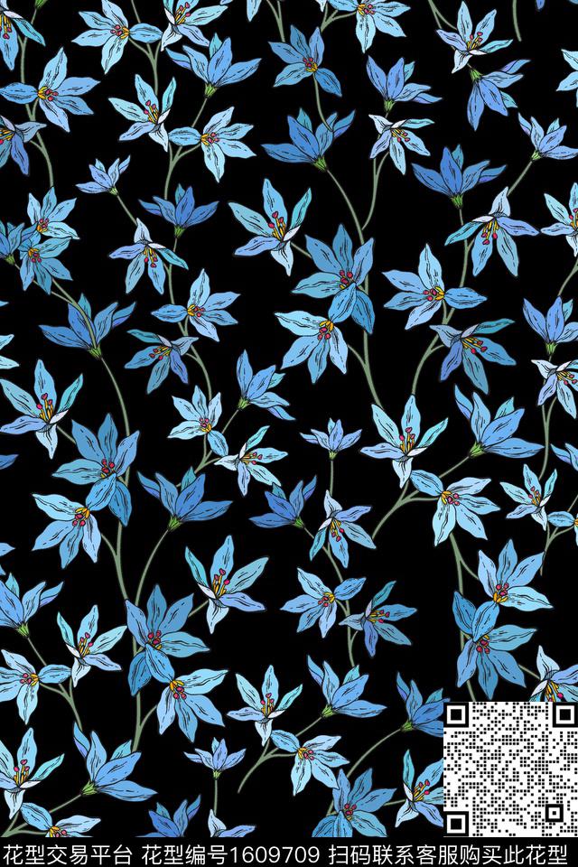 花卉黑底花卉满版散花数码印花花型下载（图片编号: 1609709） - 瓦栏（Walan）