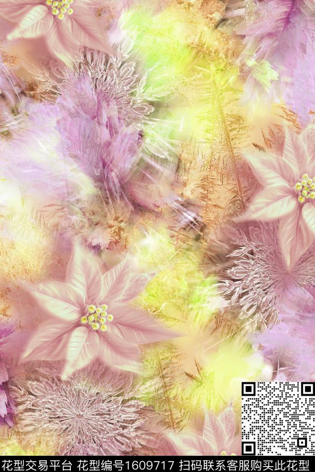 风格化花卉抽象模糊数码印花花型下载（图片编号: 1609717） - 瓦栏（Walan）
