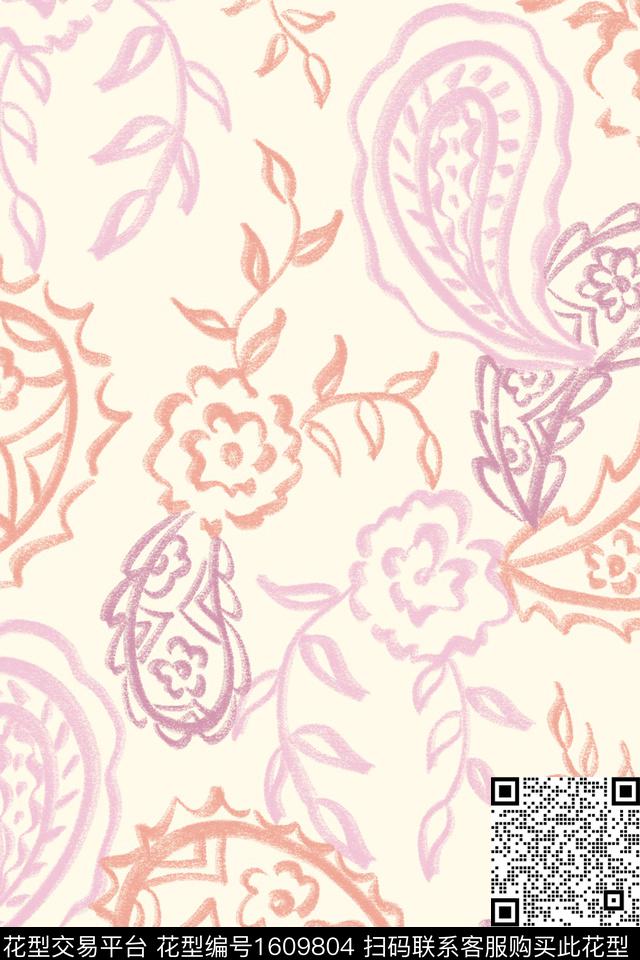民族风花卉笔触数码印花花型下载（图片编号: 1609804） - 瓦栏（Walan）