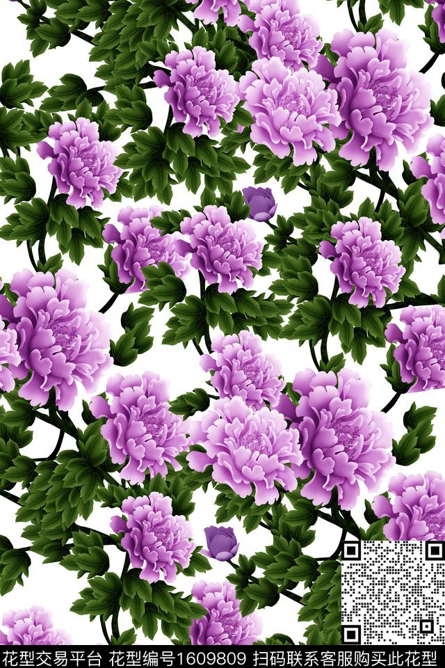 大花绿植树叶清爽底花卉数码印花花型下载（图片编号: 1609809） - 瓦栏（Walan）