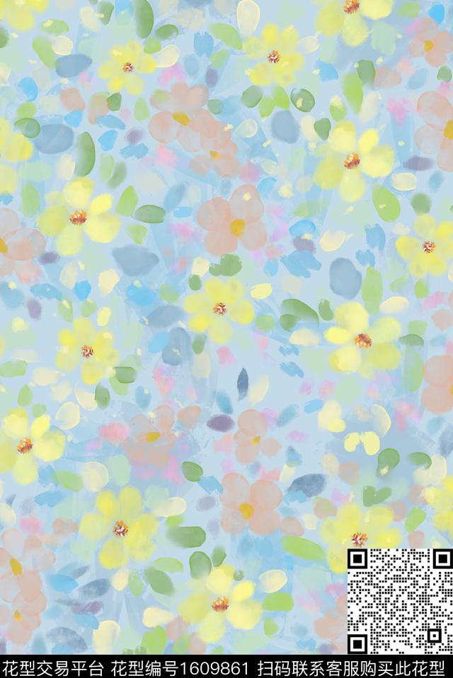 花卉水彩笔触小碎花数码印花花型下载（图片编号: 1609861） - 瓦栏（Walan）