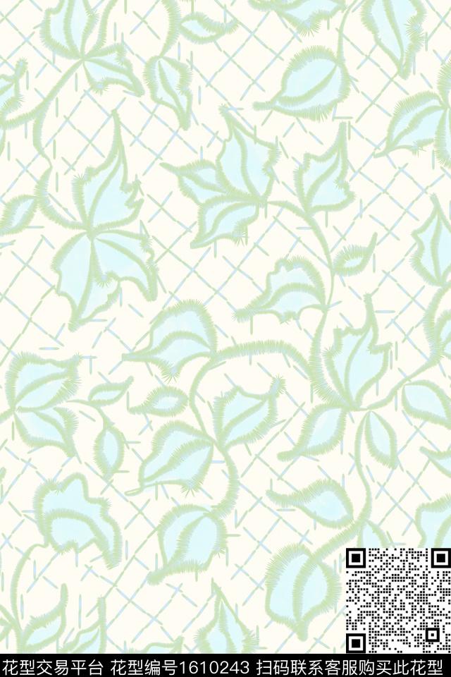 绣花花型小清新绿植树叶数码印花花型下载（图片编号: 1610243） - 瓦栏（Walan）