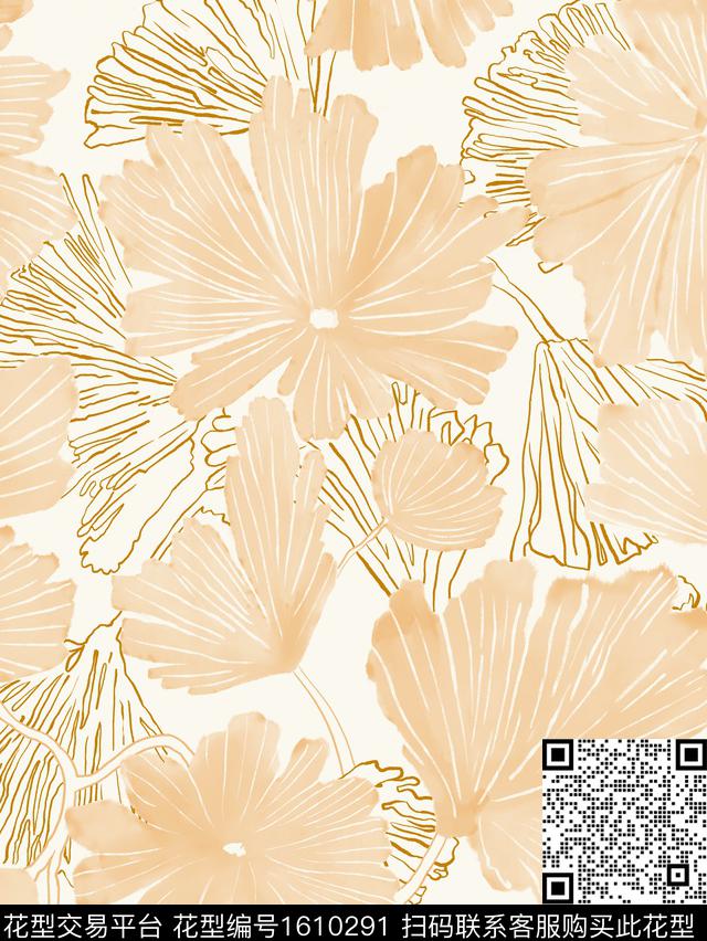 花卉水彩线条花卉数码印花花型下载（图片编号: 1610291） - 瓦栏（Walan）