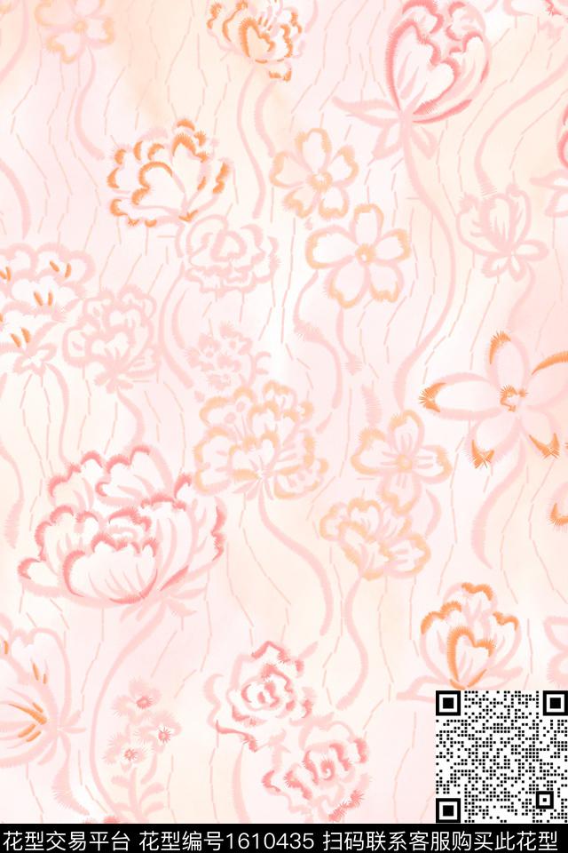 清爽底花卉线条花卉数码印花花型下载（图片编号: 1610435） - 瓦栏（Walan）