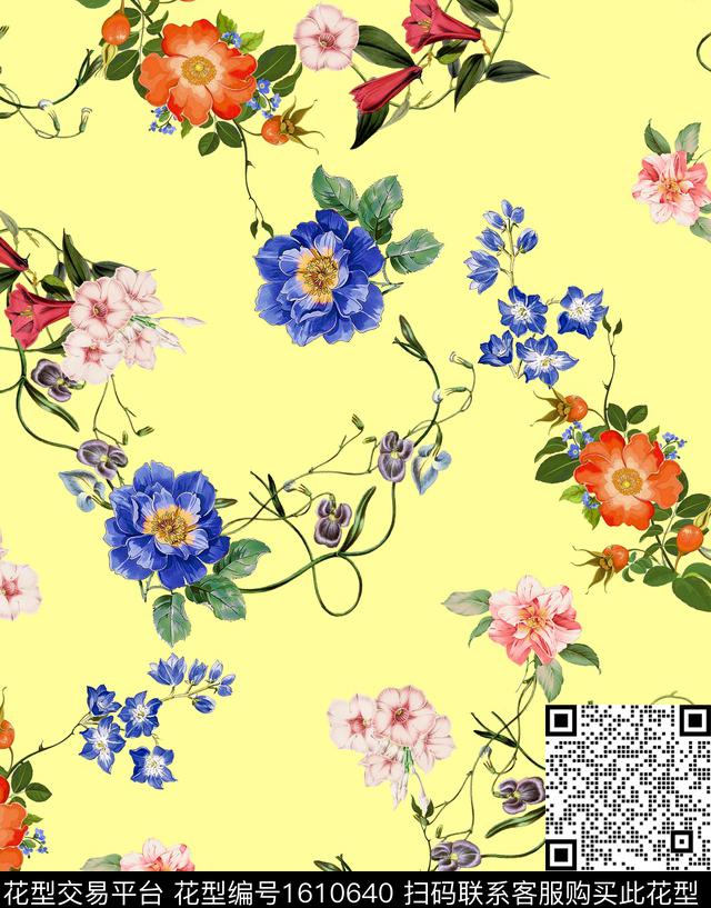 复古黄色背景花卉数码印花花型下载（图片编号: 1610640） - 瓦栏（Walan）