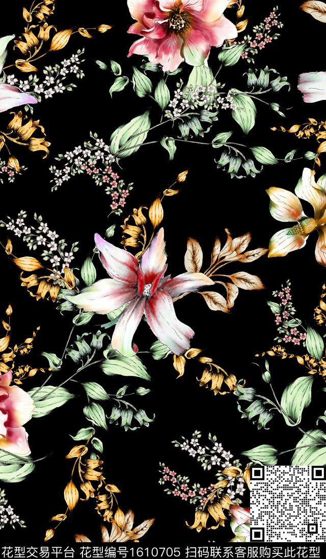 花卉黑底花卉水彩花卉数码印花花型下载（图片编号: 1610705） - 瓦栏（Walan）