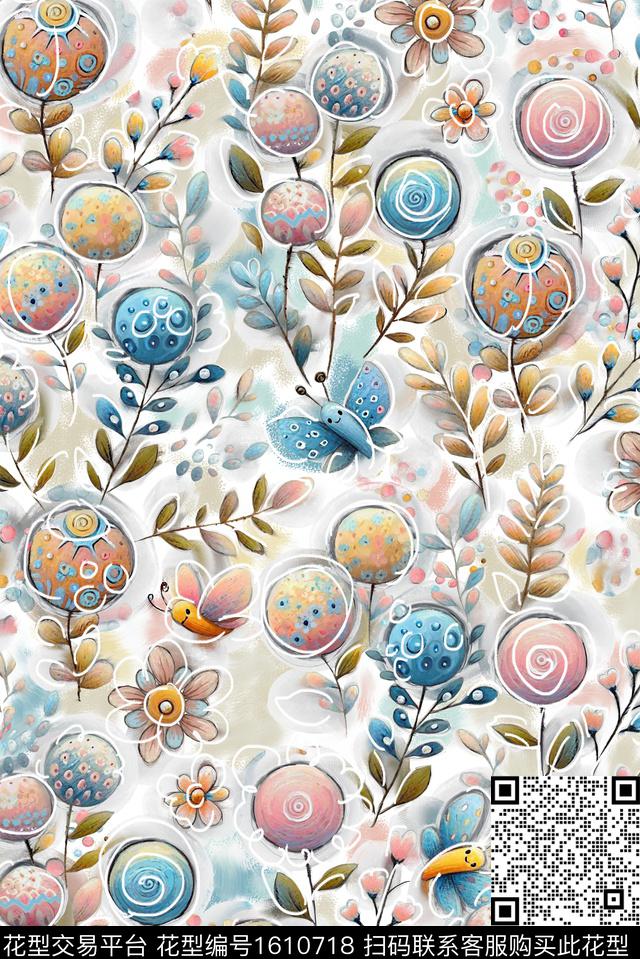 花卉卡通水彩笔触数码印花花型下载（图片编号: 1610718） - 瓦栏（Walan）