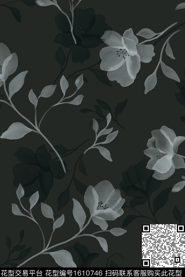 花卉深色底花卉影花数码印花花型下载（图片编号: 1610746） - 瓦栏（Walan）