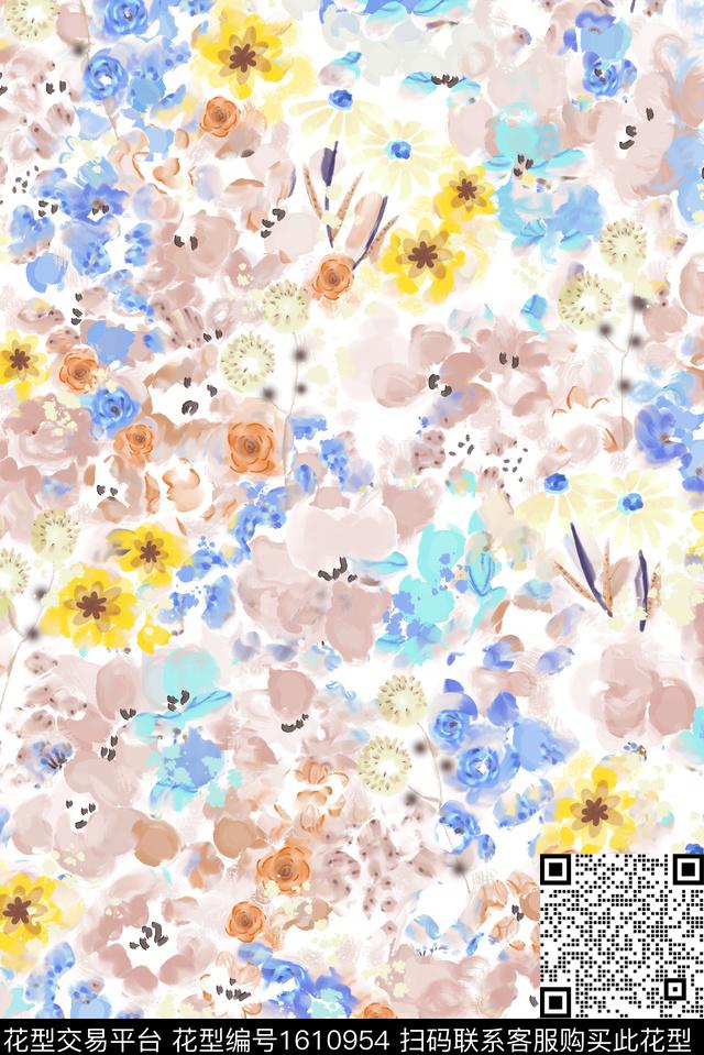 笔触花卉小碎花泼溅数码印花花型下载（图片编号: 1610954） - 瓦栏（Walan）