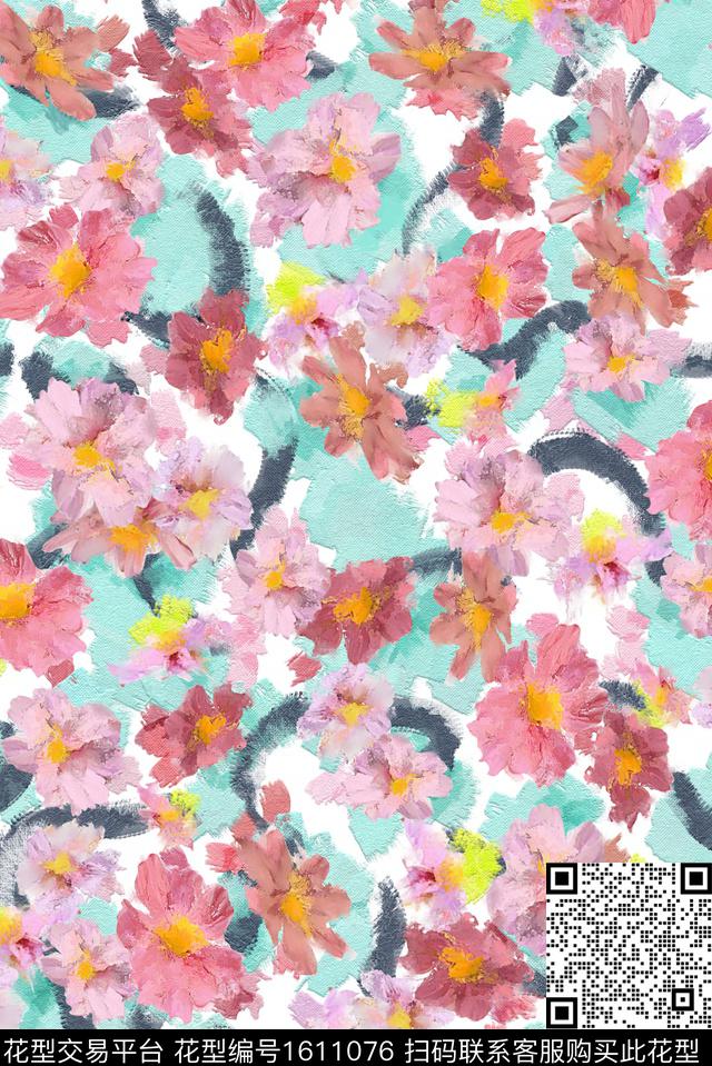 花卉油画笔触数码印花花型下载（图片编号: 1611076） - 瓦栏（Walan）