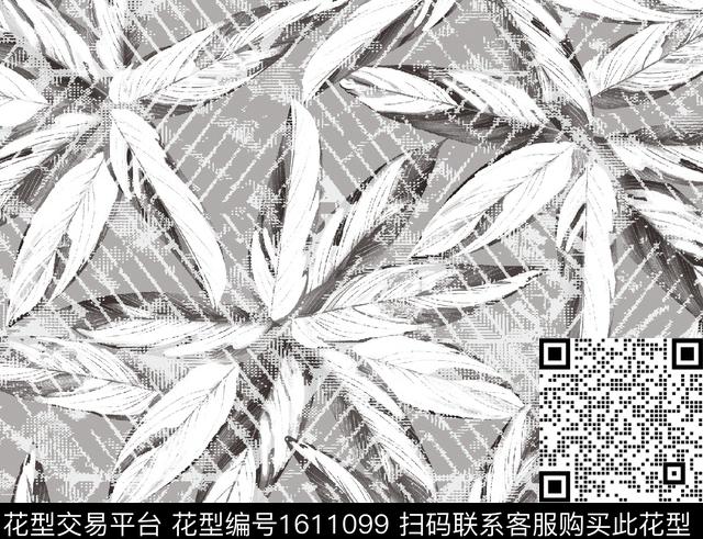 肌理绿植树叶黑白花型数码印花花型下载（图片编号: 1611099） - 瓦栏（Walan）