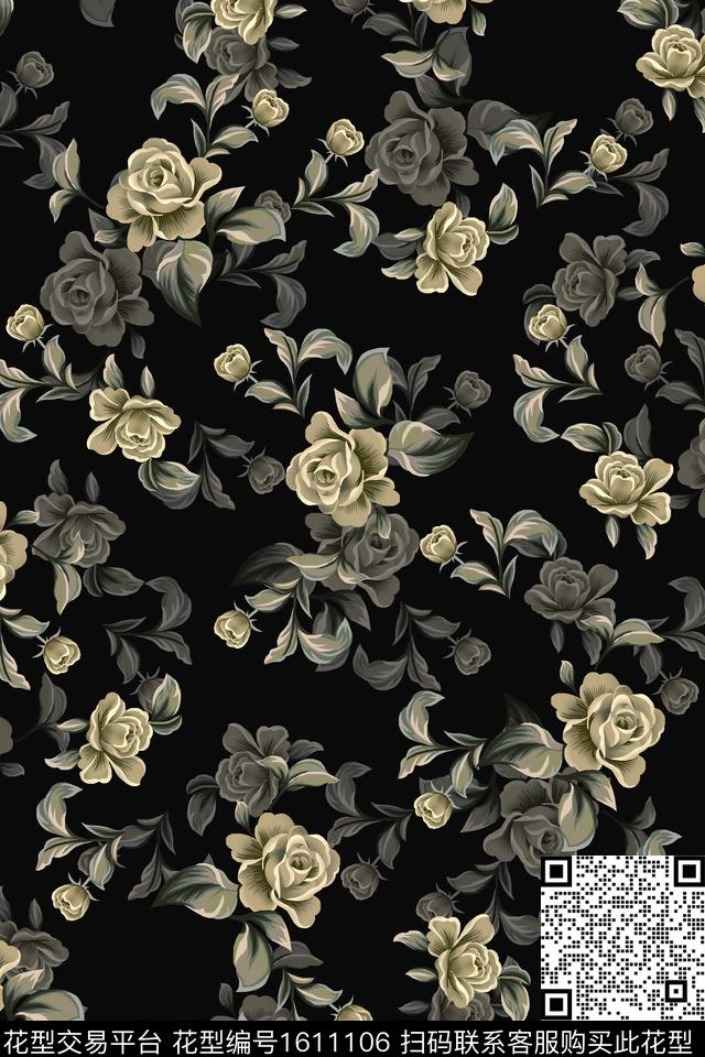 满版散花花卉黑底花卉数码印花花型下载（图片编号: 1611106） - 瓦栏（Walan）