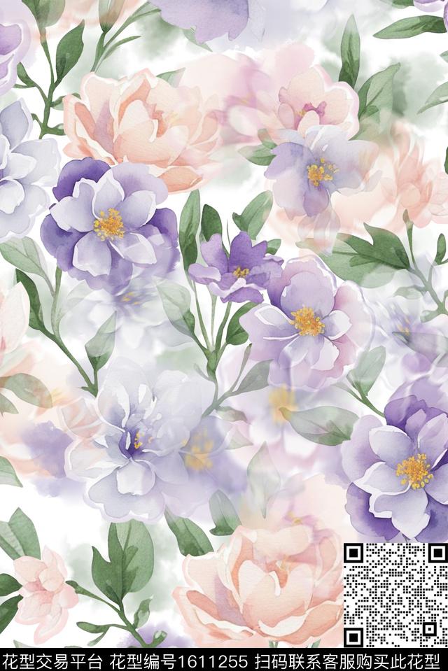 花卉水彩花卉模糊花卉数码印花花型下载（图片编号: 1611255） - 瓦栏（Walan）