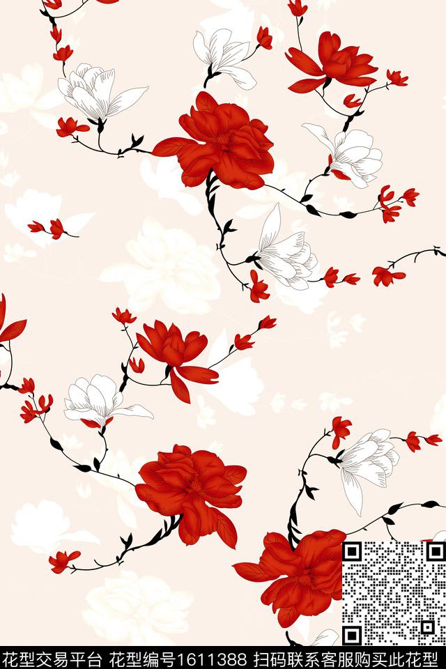 影花中国风花卉数码印花花型下载（图片编号: 1611388） - 瓦栏（Walan）