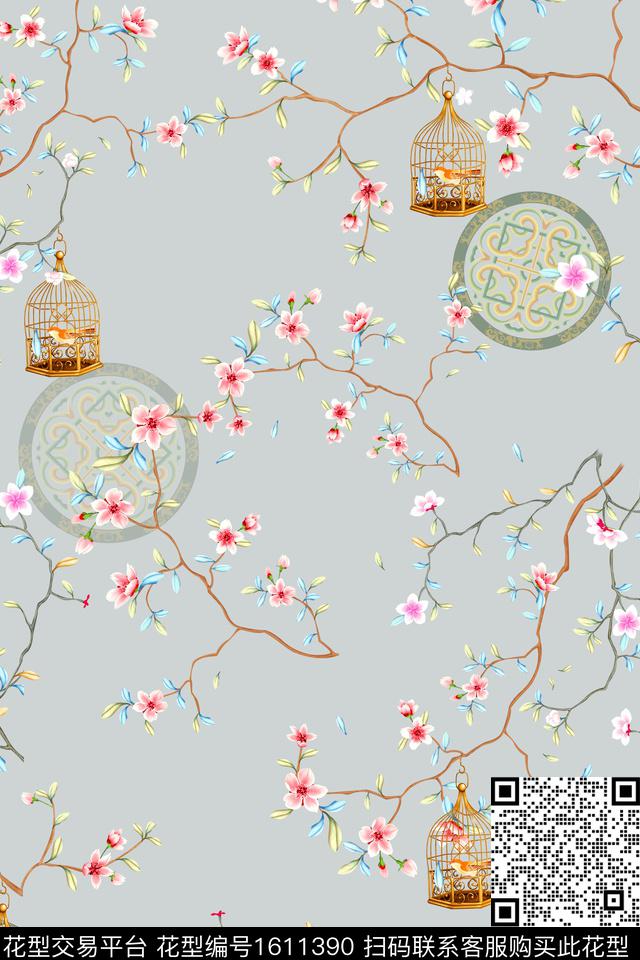 中国风花卉鸟笼数码印花花型下载（图片编号: 1611390） - 瓦栏（Walan）