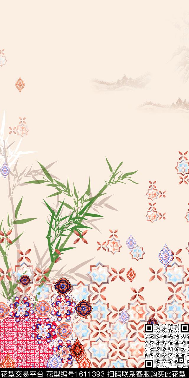 中国风定位花竹子数码印花花型下载（图片编号: 1611393） - 瓦栏（Walan）
