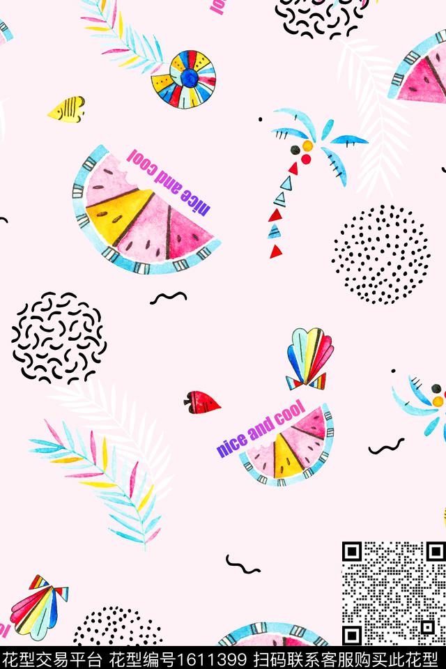 趣味椰子树西瓜数码印花花型下载（图片编号: 1611399） - 瓦栏（Walan）