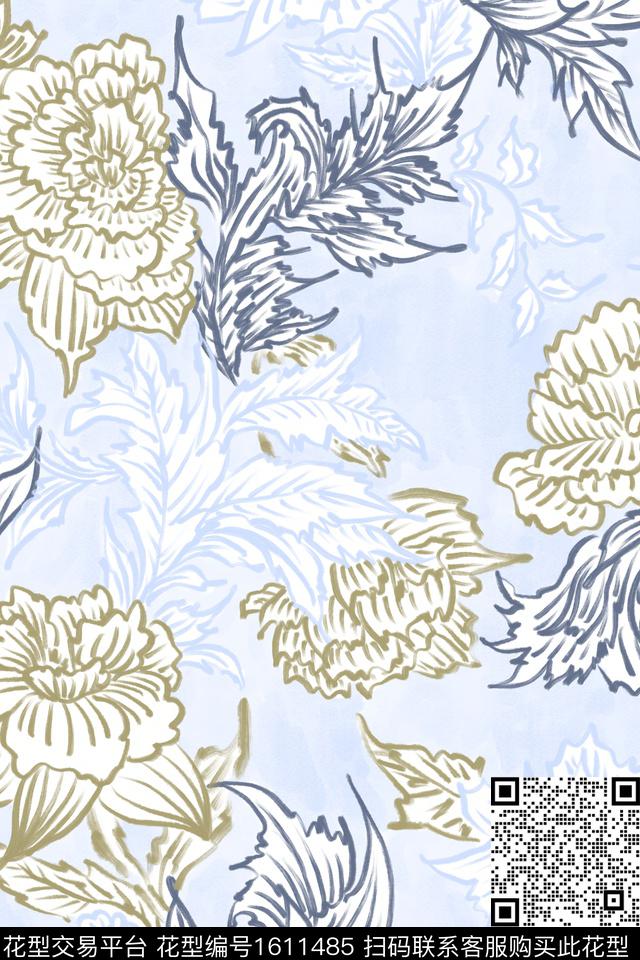 大花花卉素雅数码印花花型下载（图片编号: 1611485） - 瓦栏（Walan）
