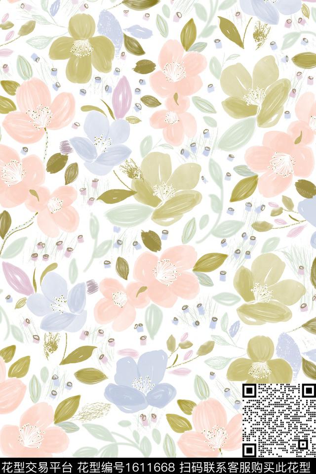 花卉笔触花卉小碎花数码印花花型下载（图片编号: 1611668） - 瓦栏（Walan）