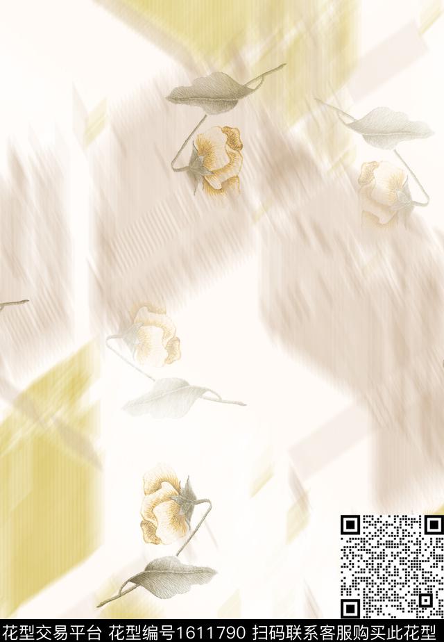 花卉仿刺绣模糊数码印花花型下载（图片编号: 1611790） - 瓦栏（Walan）