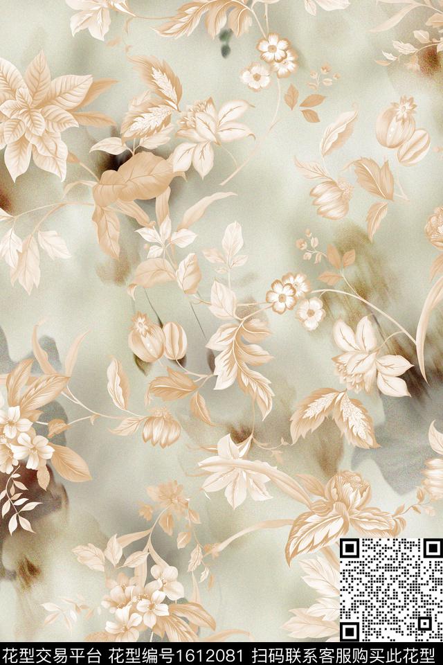 水彩底纹花卉中国风数码印花花型下载（图片编号: 1612081） - 瓦栏（Walan）