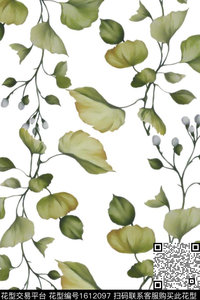 手绘树叶绿植树叶数码印花花型下载（图片编号: 1612097） - 瓦栏（Walan）