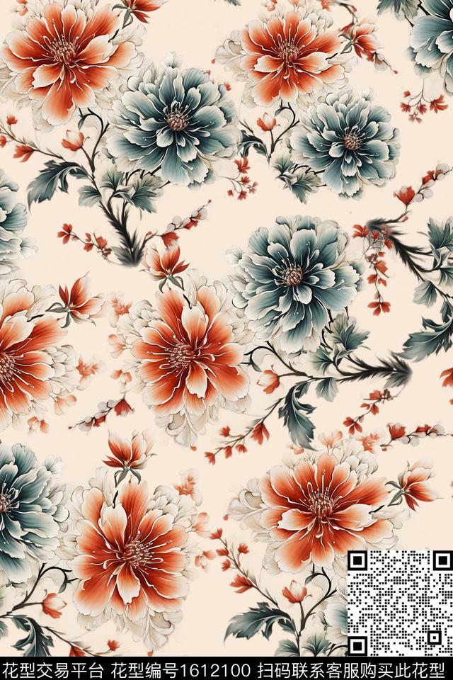 花卉手绘大花数码印花花型下载（图片编号: 1612100） - 瓦栏（Walan）
