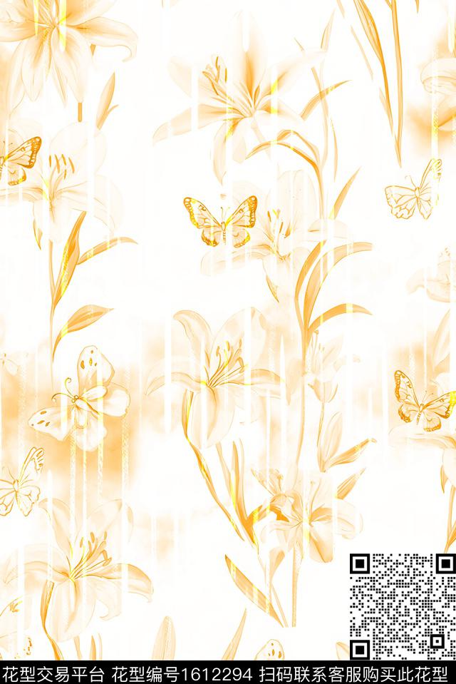 花卉蝴蝶素雅数码印花花型下载（图片编号: 1612294） - 瓦栏（Walan）
