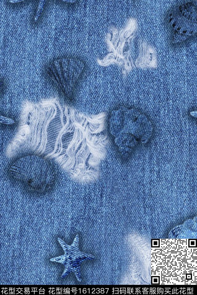 贝壳海洋风牛仔纹理数码印花花型下载（图片编号: 1612387） - 瓦栏（Walan）